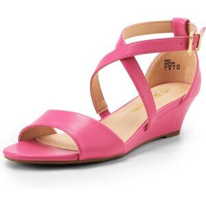 Women's Dark Pink Low Wedge Ankle Open Toe Strap Soft Faux Heel Sandals Shoes